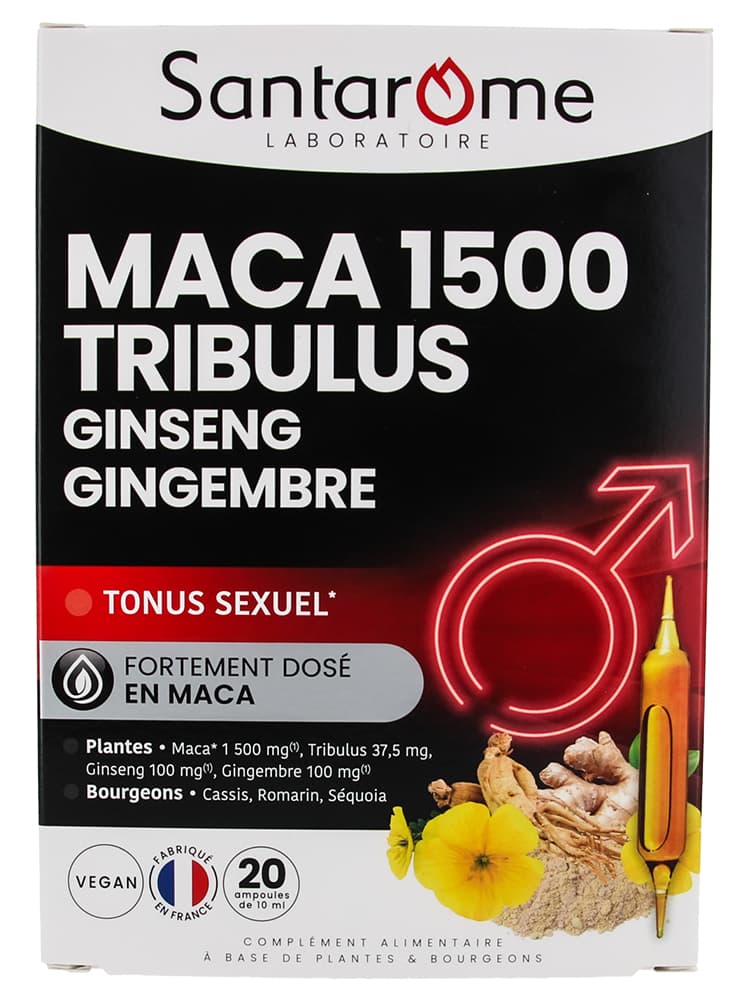 Santarome Maca 1500 Tribulus Ginseng Gingembre 20 Ampoules de 10 ml