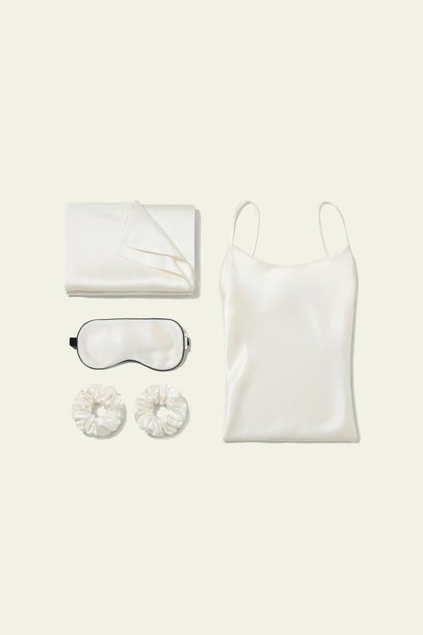 LILYSILK Ensemble Nuit Soie Cadeau Femme, Chemise Nuit + Taie Oreiller 22 Momme + Masque, Blanc Naturel, L