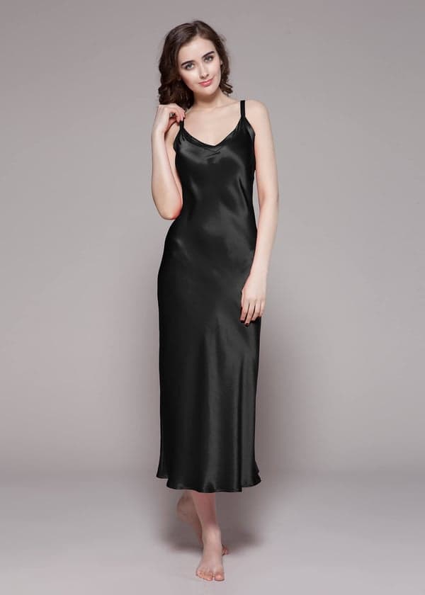 LILYSILK Chemise De Nuit Femme En Soie Noir Col V, Silhouettes Intemporelles 100% Soie Naturelle Profitez Du Toucher Doux Et Lisse De La Soie L
