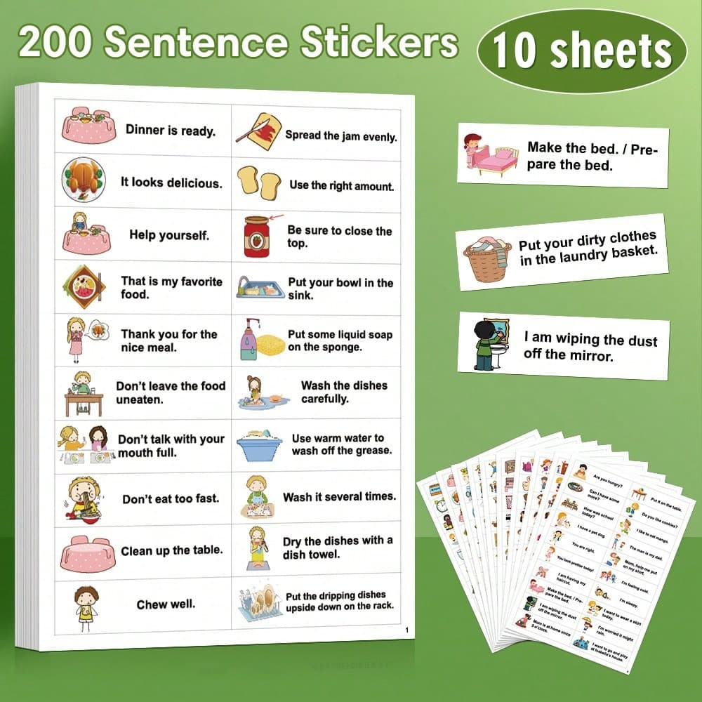 200 stickers autocollants d'étiquettes pour l'éducation précoce des enfants en anglais commun pour les situations quotidiennes de routines