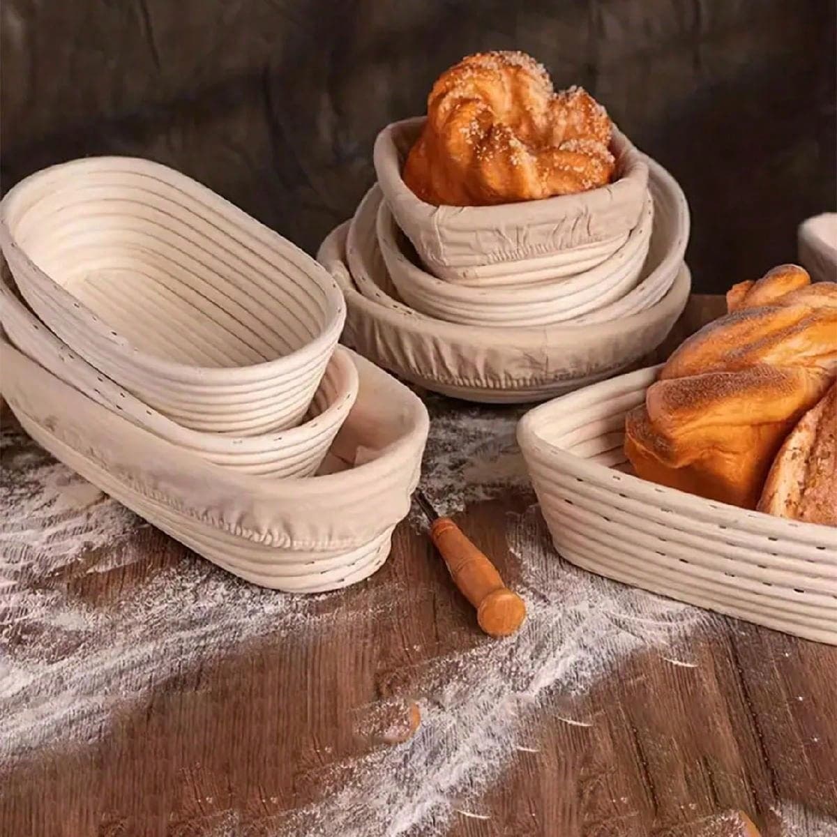 1 pièce Panier rond/oval de fermentation de pain Banneton avec doublure en lin, panier de fermentation de pain en rotin naturel, pour les boulangers
